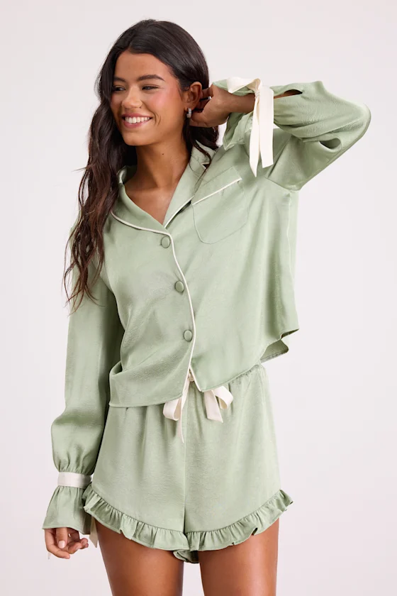 Sage green satin bridesmaid pajamas with ruffle details