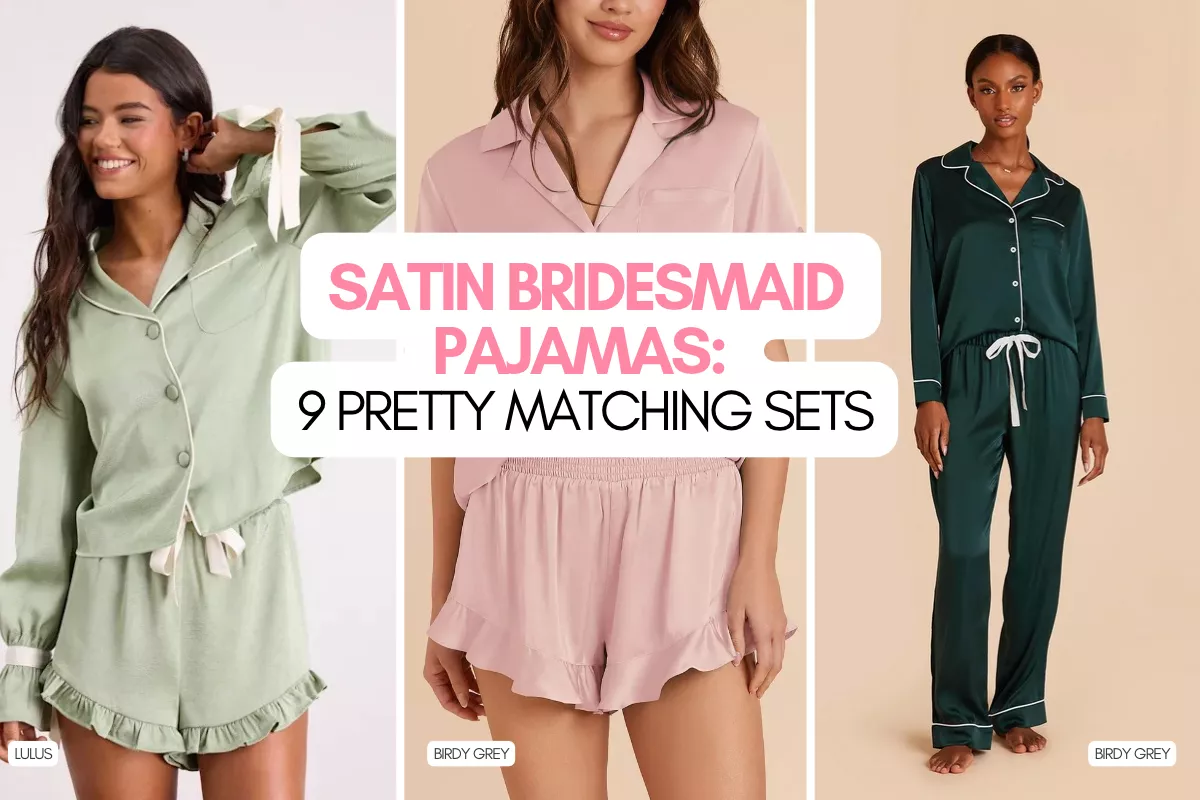 Matching satin bridesmaid pajamas in blush pink, sage green, and other colors for wedding morning