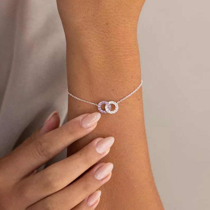 Custom silver birthstone eternity bracelet for bridesmaids