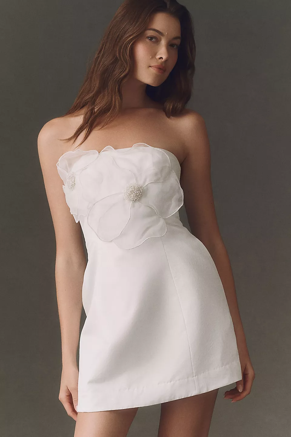 Strapless short bridal reception dress with floral appliqués