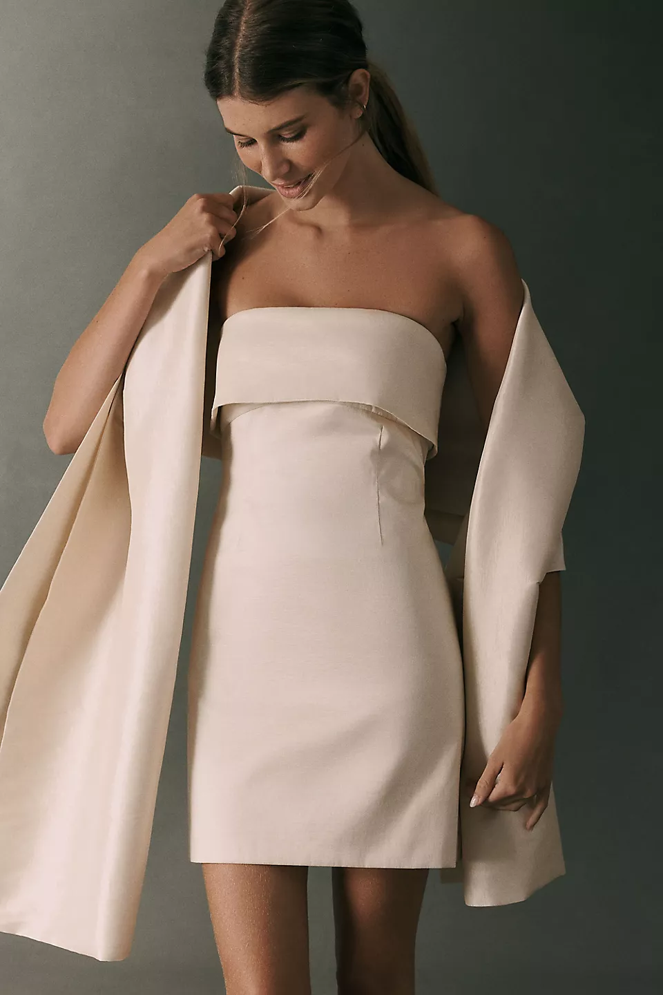 Ivory taffeta bridal mini dress with a matching shawl