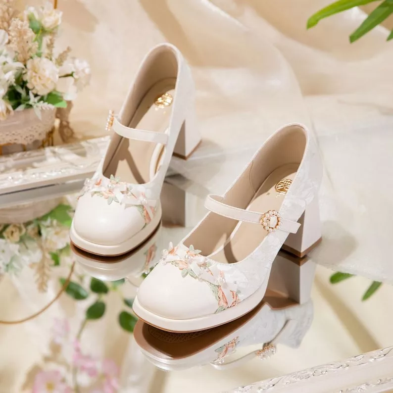 Vintage inspired white mary-jane wedding heels for cottagecore bride