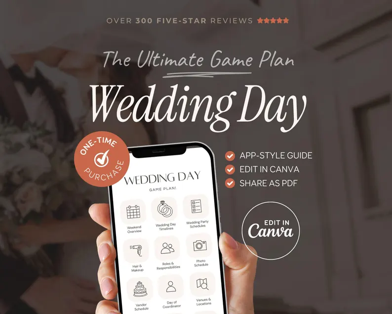 Mobile-style wedding day planner with timeline and itinerary templates