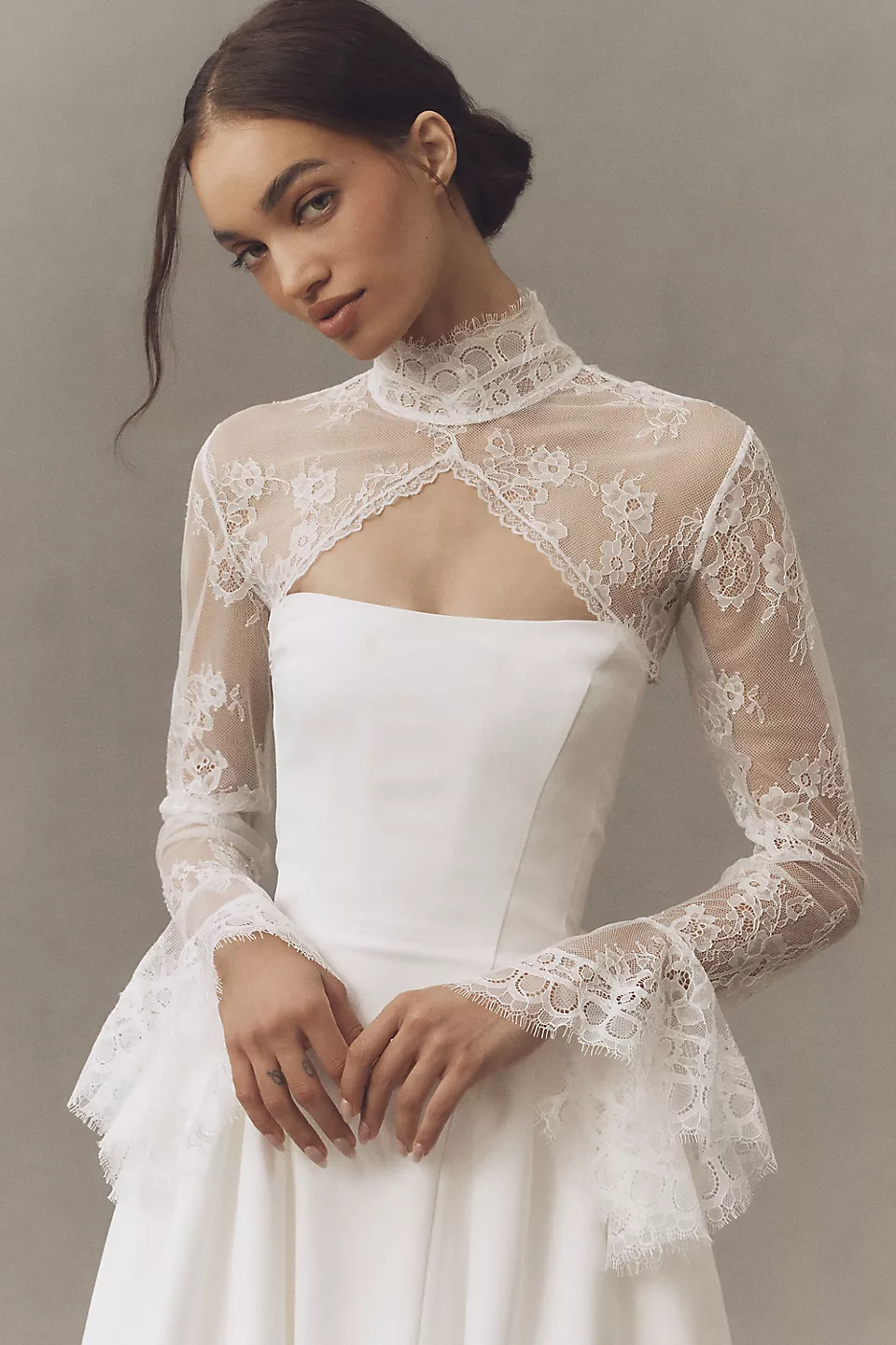 Long-sleeve lace wedding dress topper by Geisha Designs