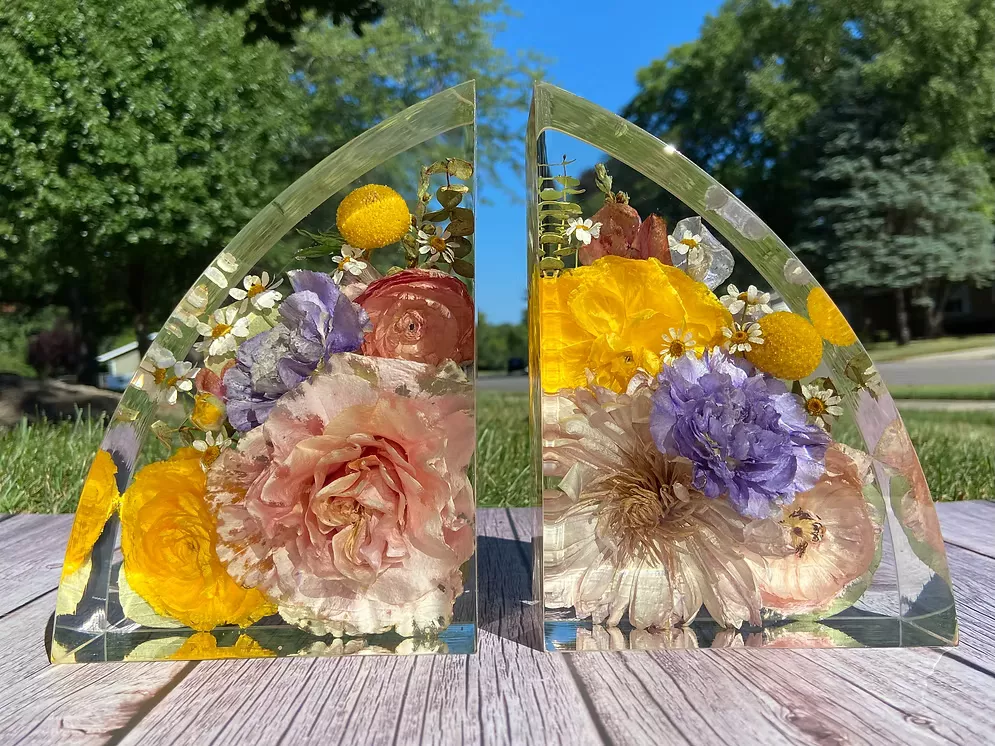 Custom flower bookends made from wedding bouquet