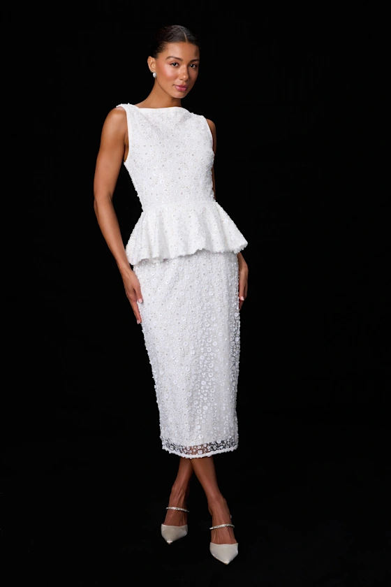 white beaded peplum midi winter bridal shower dress