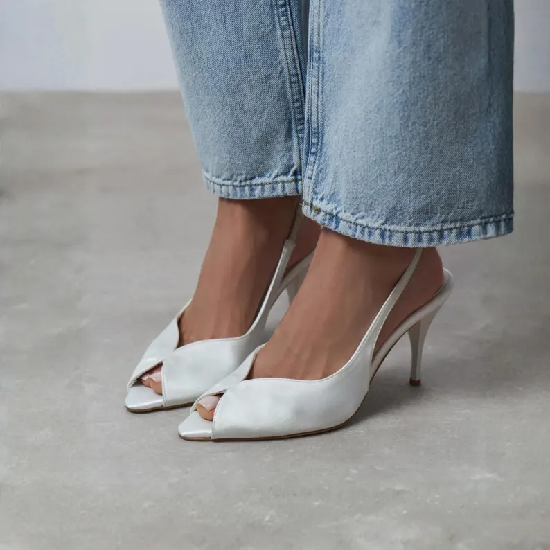 White peep toe slingback wedding heels
