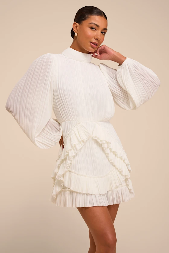 white plisse long sleeve winter bridal shower dress