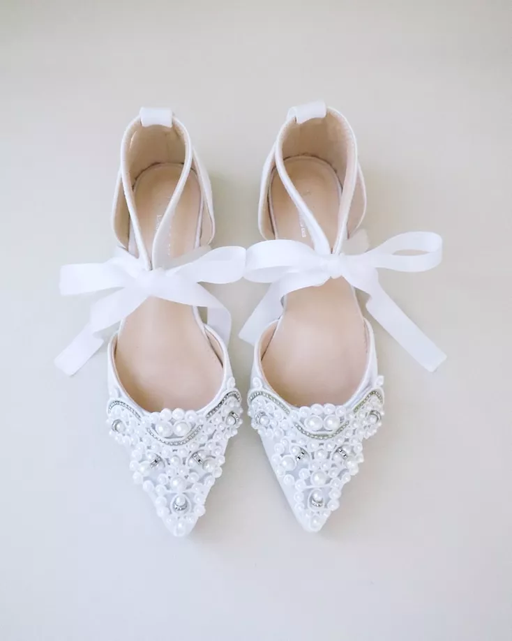 White pointed toe pearl wedding flats for the bride