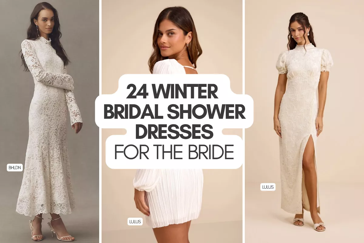 Bride wearing an elegant white long-sleeve dress at a winter bridal shower