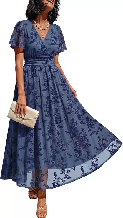 blue midi length wrap style wedding guest dress on amazon