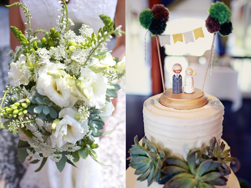 The bouquet and the cake, with a cute garland cake topper and painted wooden figurines | Photographer: Melissa Prosser Photography | via https://emmalinebride.com/real-weddings/colleen-ryans-lovely-savannah-wedding-at-the-mansion-on-forsyth-park
