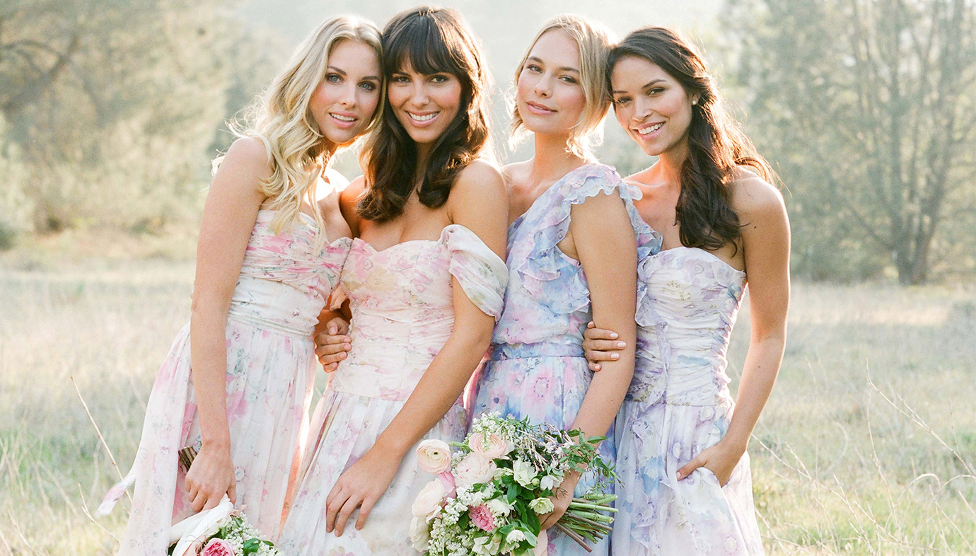 Bridesmaids in Pretty Floral Print Bridesmaid Dresses