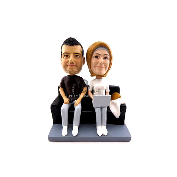 Custom Wedding Bobbleheads - couple on couch laptop custom wedding bobbleheads