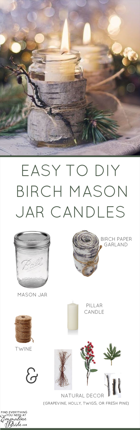 How to Make DIY Birch Mason Jar Candles | https://emmalinebride.com/reception/birch-mason-jar-candles/