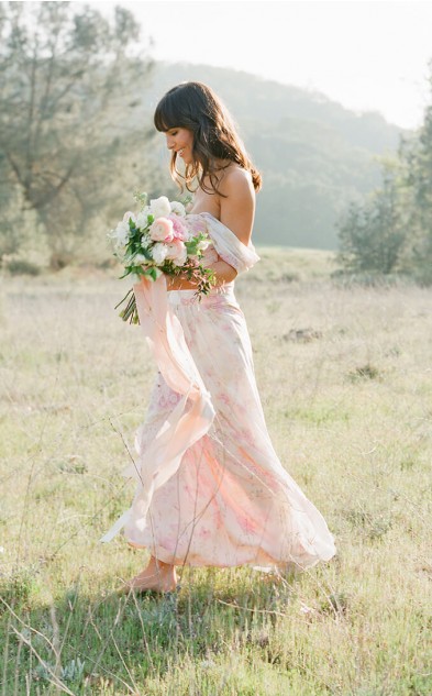 Light Peach Floral Floor Length Bridesmaid Dresses