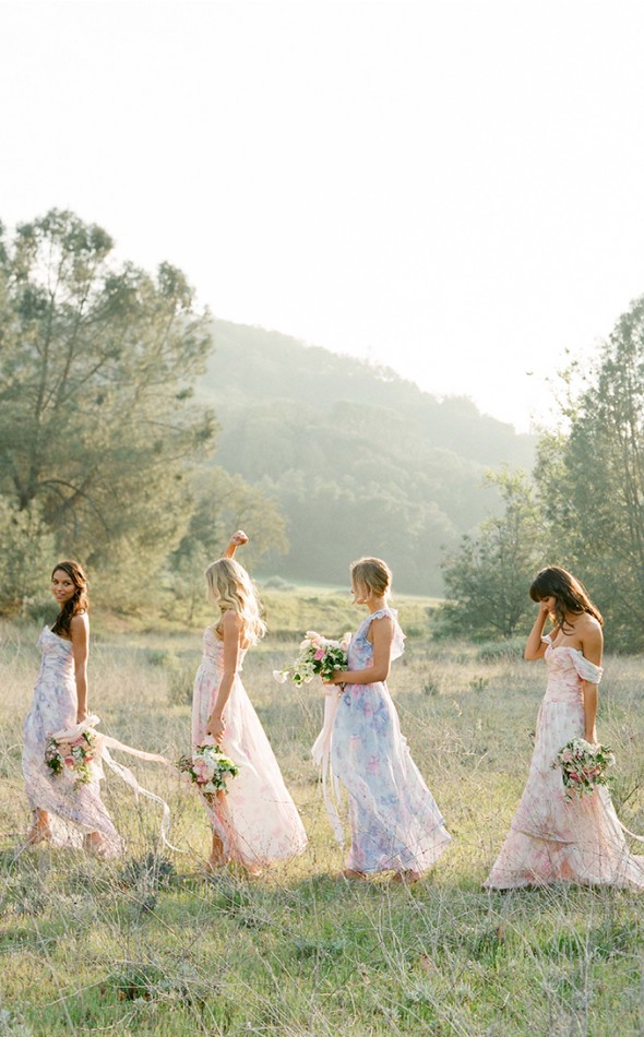 Pretty Floral Print Bridesmaid Dresses in Long Ankle Length
