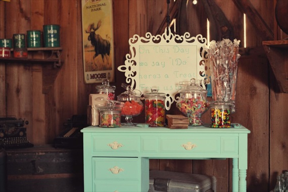 Drozian Photoworks - vintage candy bar at rustic wedding