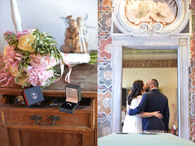 wedding rings, bouquet, bride and groom kiss | Planner: Venice Events | via https://emmalinebride.com/real-weddings/spring-wedding-in-italy-andre-shona/