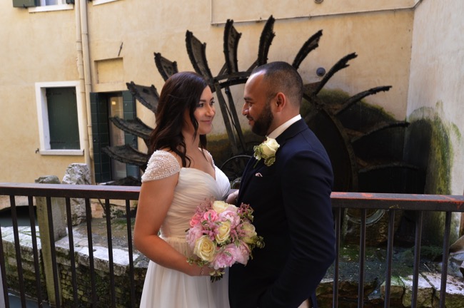 bride and groom at the Palazzo Rinaldi | Planner: Venice Events | via https://emmalinebride.com/real-weddings/spring-wedding-in-italy-andre-shona/