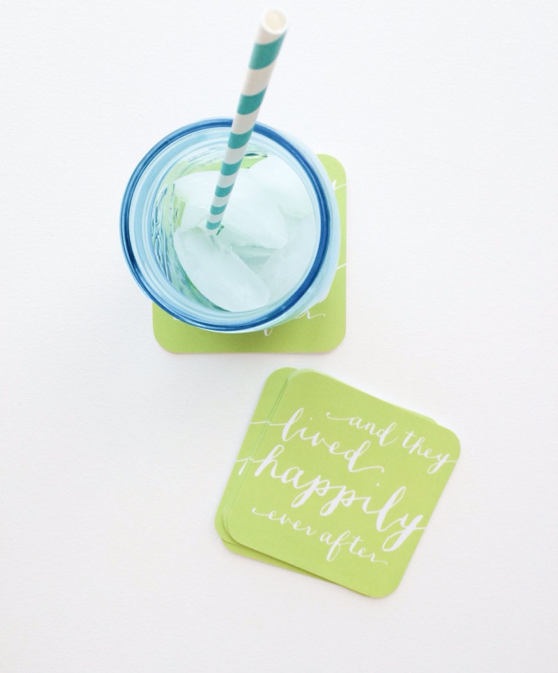 and they lived happily ever after wedding coasters in green