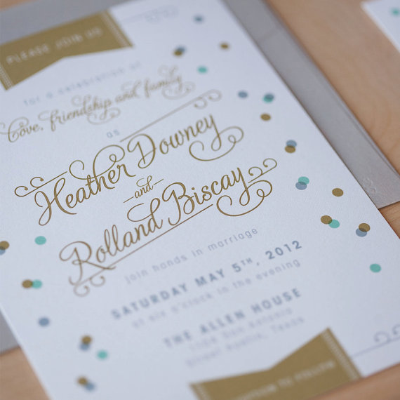 This gold and blue confetti wedding invitation sets the tone for a jubilee! By Jen Simpson Design.