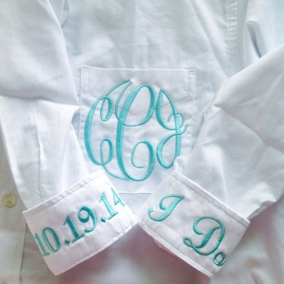 This monogrammed button down wedding shirt is one excellent option for getting ready before the wedding. It is easy to remove, so you won't mess up your hair and makeup | By Elegant Monograms | http://emmalinebride.com/bride/button-down-wedding-shirt/
