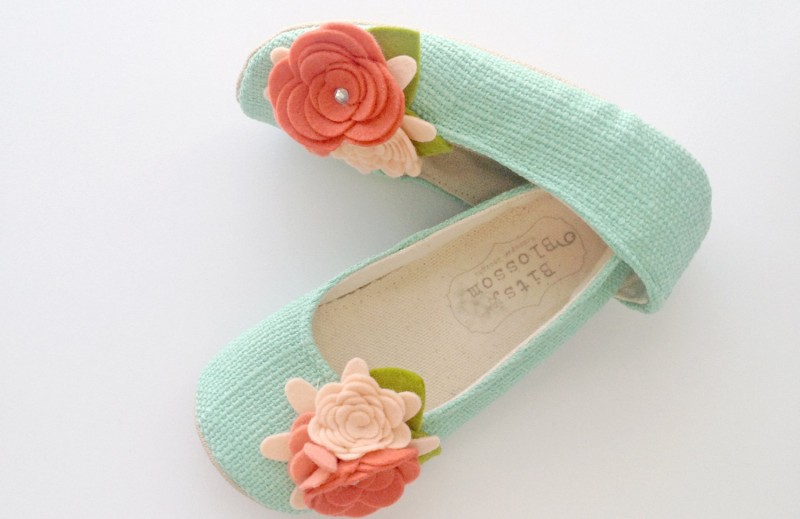 aqua flower girl shoes | handmade flower girl shoes via https://emmalinebride.com/spring/handmade-flower-girl-shoes/