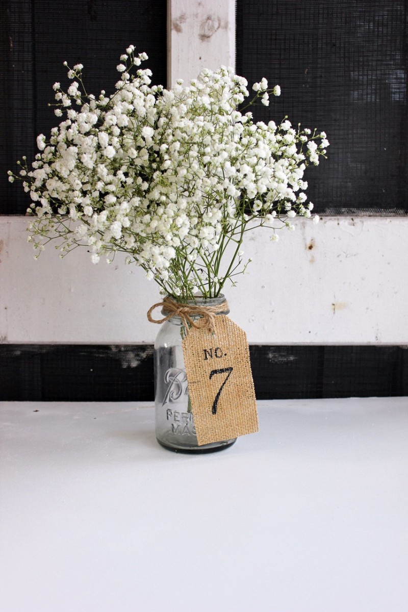 baby's breath centerpiece table number in mason jar