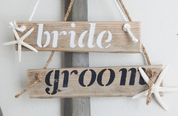 beach starfish bride and groom chair signs | via bride and groom chair signs https://emmalinebride.com/decor/bride-and-groom-chairs/