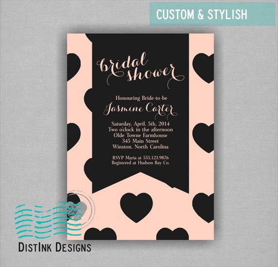 beige and black hearts modern bridal shower theme invitations