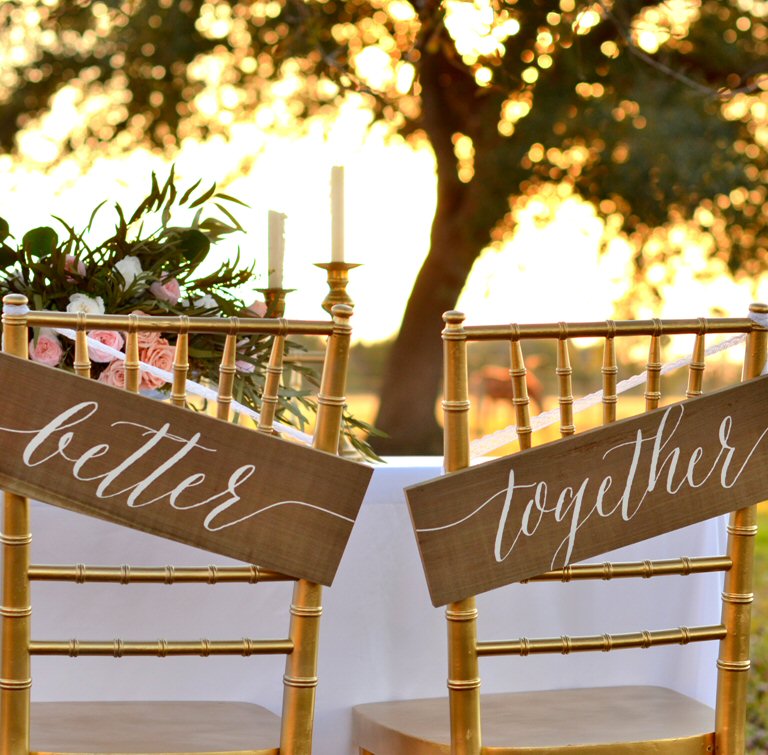 Better Together Chair Signs | via bride and groom chair signs https://emmalinebride.com/decor/bride-and-groom-chairs/