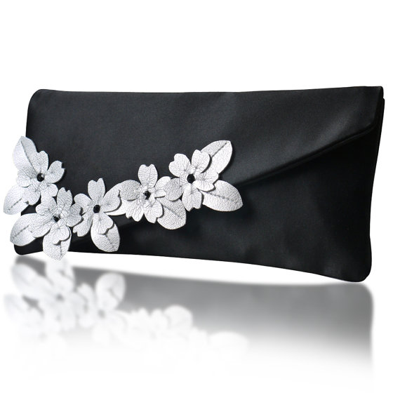 black satin wedding party bags with white flowers