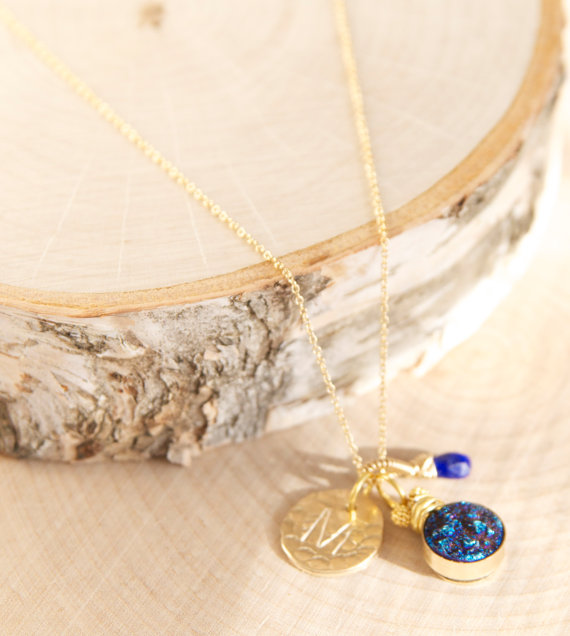 blue druzy necklace with initial pendant | druzy bridesmaid jewelry
