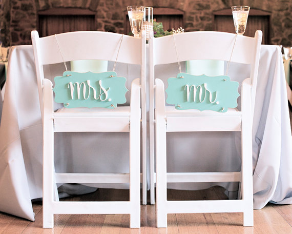 blue mr and mrs modern wedding chair signs | via bride and groom chair signs https://emmalinebride.com/decor/bride-and-groom-chairs/