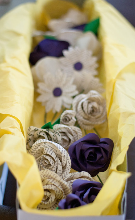 box of paper flowers via 7 Paper Flower Bouquets to Pick for Weddings