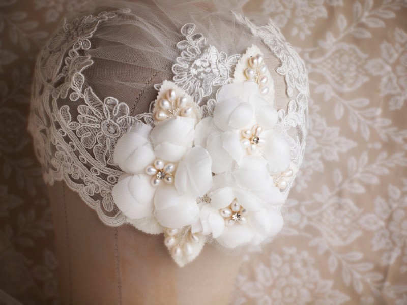 Bridal cap veils with flowers | https://emmalinebride.com/bride/bridal-cap-veils/