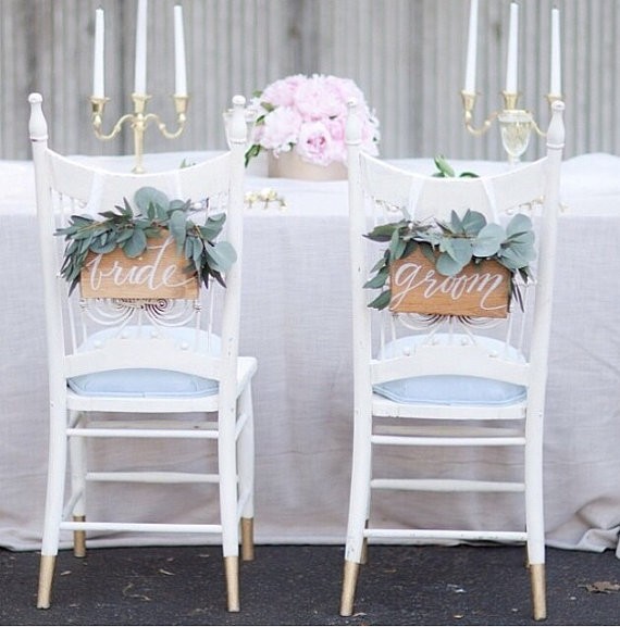 bride and groom chair signs | via http://emmalinebride.com/decor/bride-and-groom-chairs/