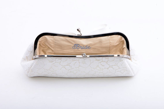 bridal clutch bags - bow clutch with embroidered bride on inside liner