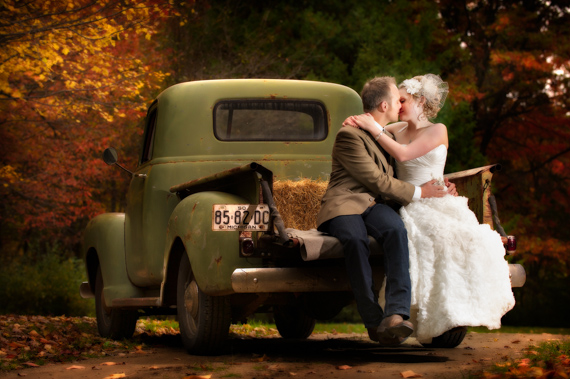 classic truck fall wedding bride and groom