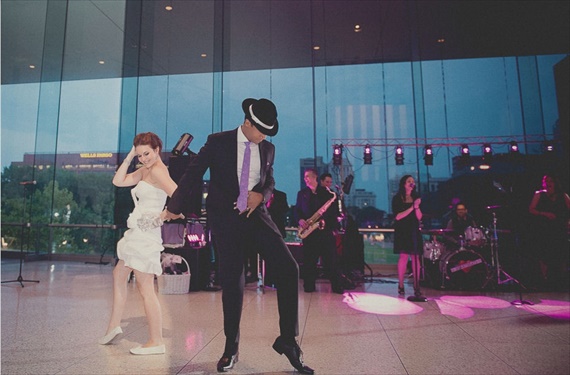Bust a Move Philadelphia wedding, bride and groom dance at the national constitution center 