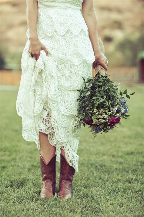 bride in cowboy boots - via 3 Cute Cheap Wedding Cowboy Boots