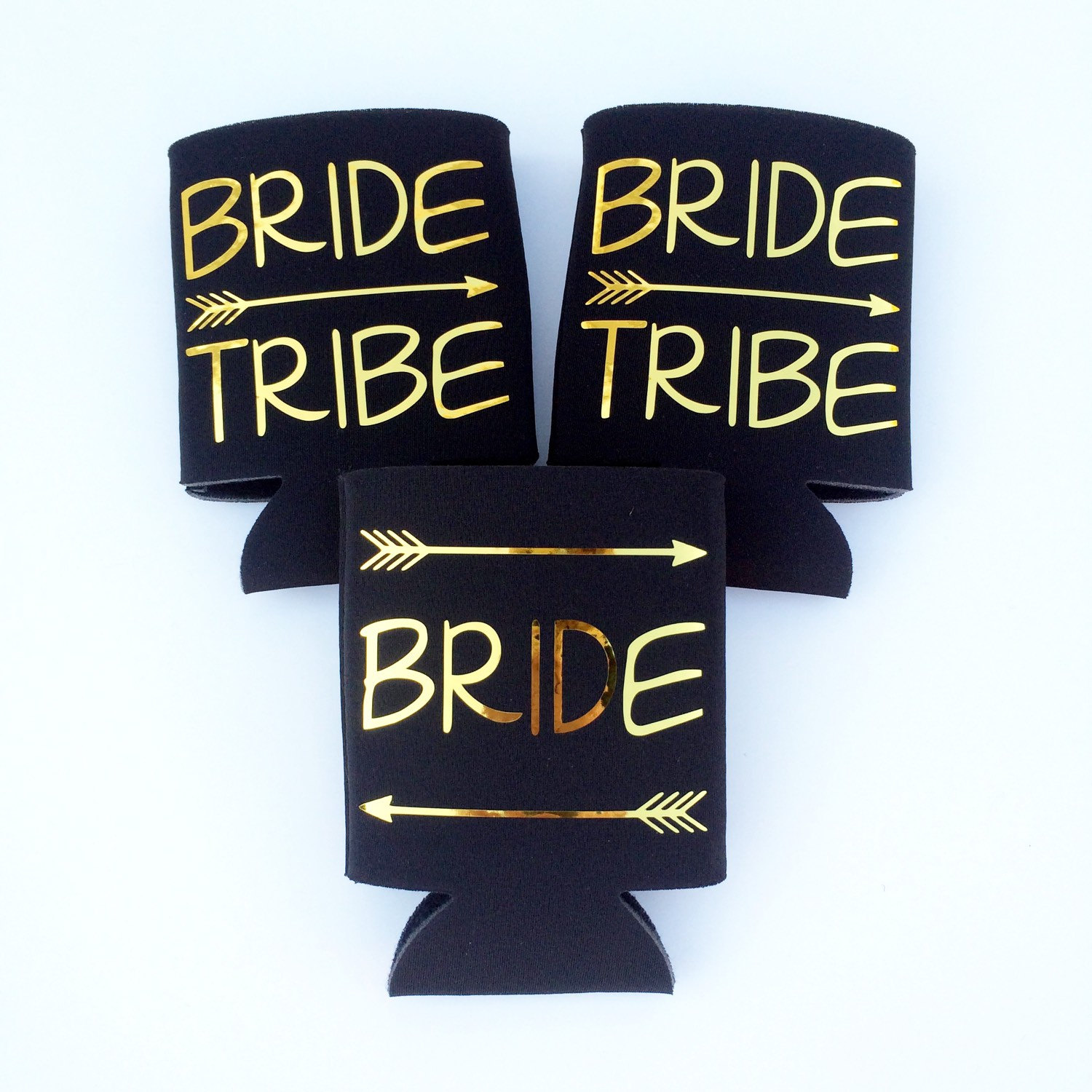 bride tribe beer koozies by TheCraftyEngineer | fun bachelorette party ideas | https://emmalinebride.com/planning/fun-bachelorette-party-ideas/