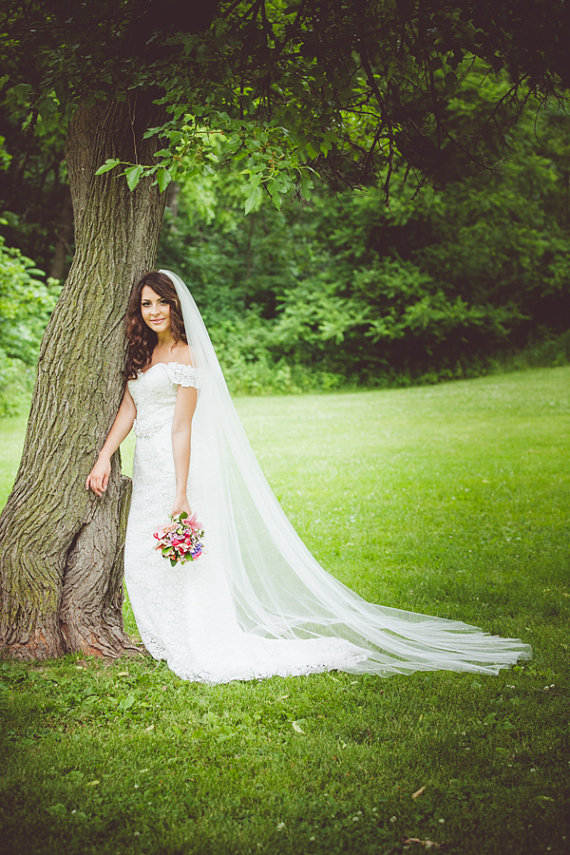 bride wearing long length wedding veil