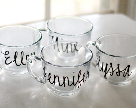 bridesmaid mugs via personalized glassware gifts | https://emmalinebride.com/bridesmaids/personalized-glassware-gifts/