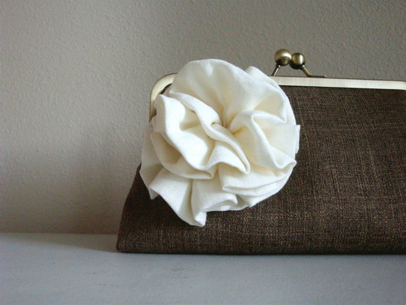 burlap clutch purse with white flower