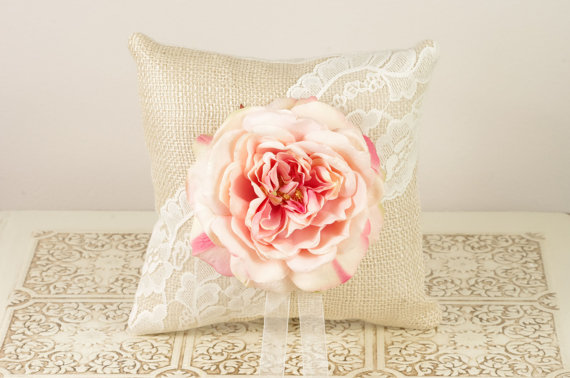 burlap ring pillow with lace and pink flower
