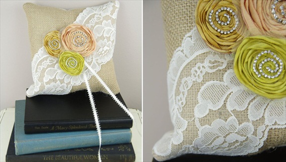 burlap ring pillow with rosettes