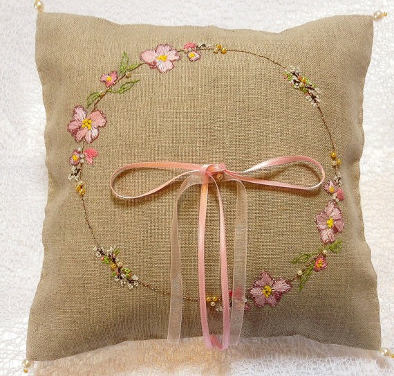 burlap ring pillow with embroidery and pink bow | via Rustic Ring Pillows http://emmalinebride.com/ceremony/rustic-ring-pillows/