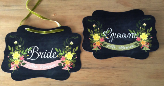 chair signs chalkboard | via bride and groom chair signs https://emmalinebride.com/decor/bride-and-groom-chairs/